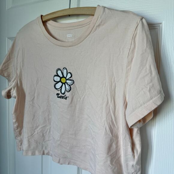 Levi's Crop Top Womens Lg Peach Daisy Print‎ Cotton Stretch Cropped Casual Tee - Picture 2 of 5